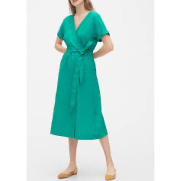 Gap Womens Size 6 Turquoise Linen Cotton Wrap Midi Dress Short Sleeve New - Picture 1 of 10